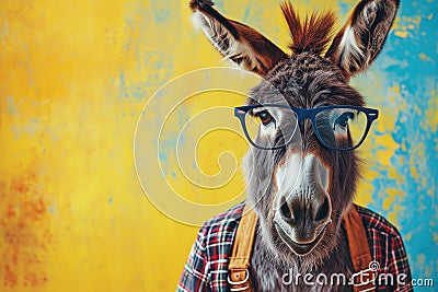 Front view of a donkey wearing glasses, on yellow background. Stock Photo