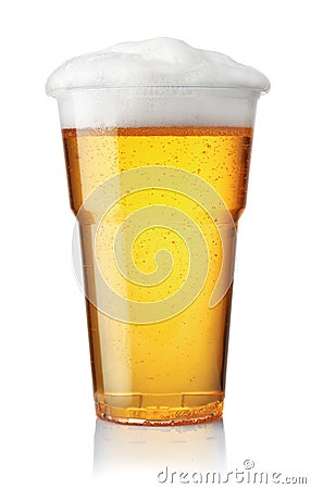 Front view of draught beer in plastic disposable cup Stock Photo