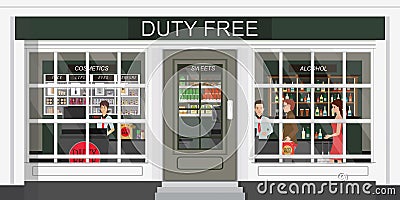 Front view of duty free store and people buying cheap cosmetics, alcohol and food Vector Illustration