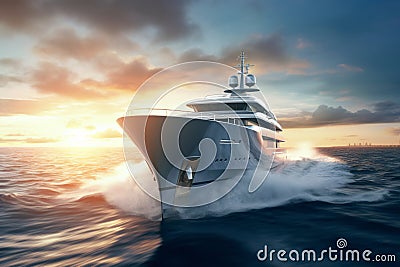 Front view of a dynamic image of super Yacht that run in the middle of the ocean. Generative AI Stock Photo