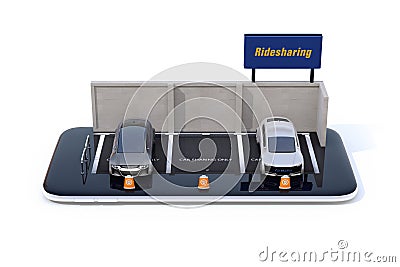 Front view of electric cars with car sharing billboard on smartphone Stock Photo