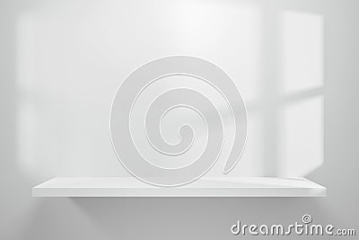 Front view of empty shelf on white table showcase and wall background with natural window light. Display of backdrop shelves for Stock Photo