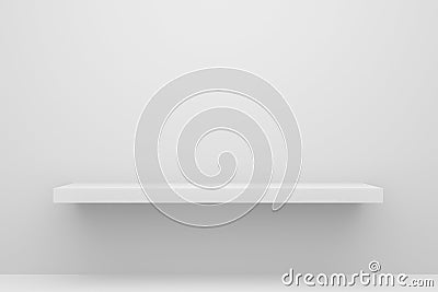 Front view of empty shelf on white table and wall background with modern minimal concept. Display of backdrop shelves for showing Stock Photo