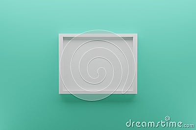 Front view of empty white picture frame on wall, background biscay green, minimal design concept, 3D render Stock Photo