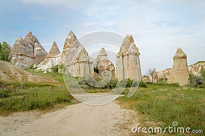 front view of famous fairy chimneys in valley, Stock Photo