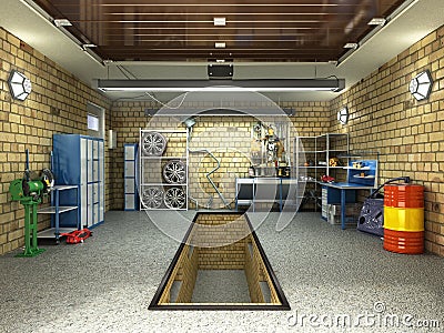 Front View of a Garage 3D Interior with Opened Roller Door 3D Re Stock Photo