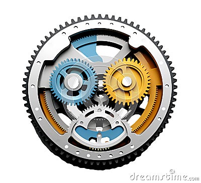 Front view of a gear shaped orange , gray , blue , cyan color. Generative AI Cartoon Illustration