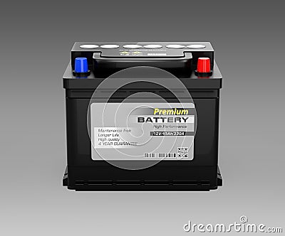 Front view of generic maintenance-free car battery on black background Stock Photo