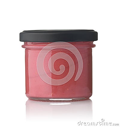 Front view of glass container of berry mousse Stock Photo