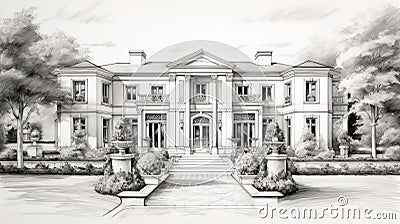 Luxury Mansion Sketch: Classical Realism With Lush And Detailed Renderings Stock Photo