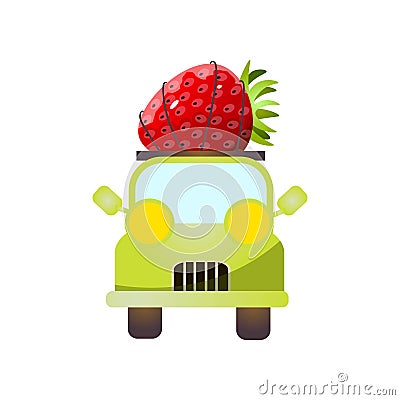 Front view of green pickup with fresh red strawberry Vector Illustration
