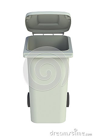 Front view of grey garbage wheelie bin with a open lid Stock Photo