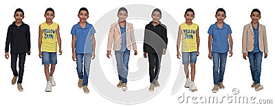 Front view of group of same teen various outfits walking on white Stock Photo