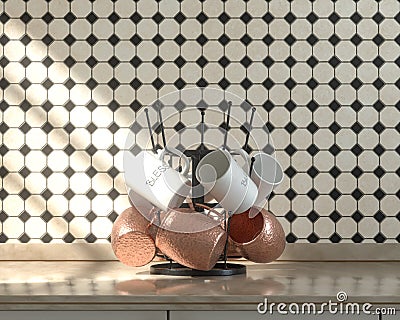 Front view kitchen with marble kitchen countertop coffee mugs and copper hammered cups on it under warm morning sunshine, ceramic Stock Photo