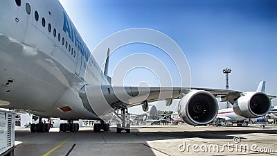 Airbus A380. View on two leftside Rolls & Royce turbofan engines. Editorial Stock Photo