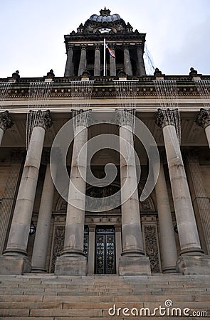 Front view of leeds town hall with main doors columns and steps Stock Photo