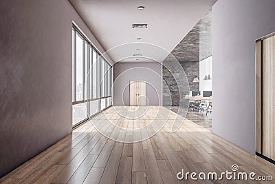 Front view on light wooden door in sunlit light office with grey walls, big windows, wooden floor and stylish workplaces with Stock Photo