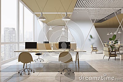 Front view on light workspace tables with modern computers in open space office with concrete tiles floor, mat glass partition Stock Photo