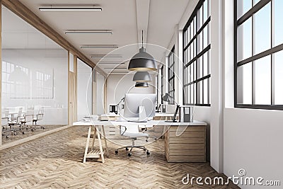 Front view of a long office with wooden floor Stock Photo