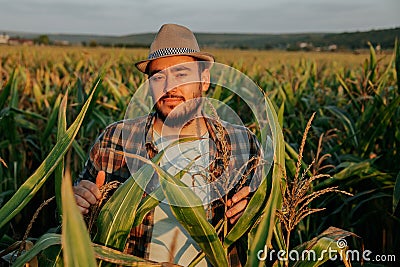 Front view looking at camera a serious tired young farmer male stands in a cornfield. Stock Photo