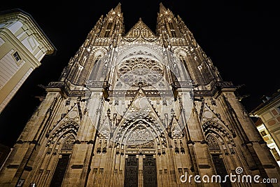 Front view of the main entrance to the St. Vitus cathedral in Prague Castle in Prague in the night Editorial Stock Photo