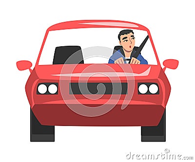 Front View of Man Riding Red Car, Cheerful Male Driver Driving Vehicle Cartoon Vector Illustration Vector Illustration
