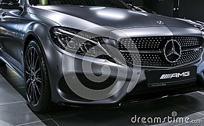 Front view of a Mercedes Benz C 43 AMG V8 Bi-Turbo 4Matic 2018. Headlight. Car exterior details. Editorial Stock Photo