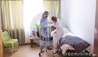 Female nurse helping senior female patient to stand with walker Stock Photo