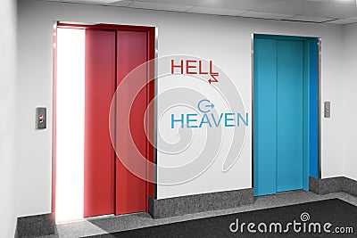 Front view of modern elevator to hell o heaven Stock Photo