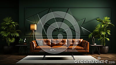 Front view of modern luxury living room. Emerald wall with geometric pattern, hardwood floor, comfortable leather sofa Stock Photo