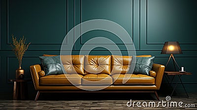 Front view of modern luxury living room. Emerald wall, hardwood floor, comfortable leather sofa, coffee table, table Stock Photo