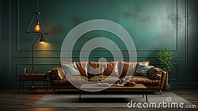 Front view of modern luxury living room. Empty emerald wall, comfortable leather sofa with cushions, coffee table, plant Stock Photo