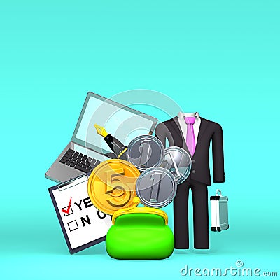 Front View Of Money And Business Item On Text Space Cartoon Illustration