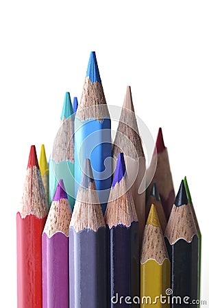 Front View of Multi Colored Pencils on White Background Stock Photo