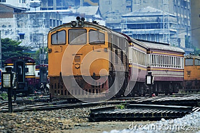 Front view of old diesel trains running junction of railroads tr Stock Photo