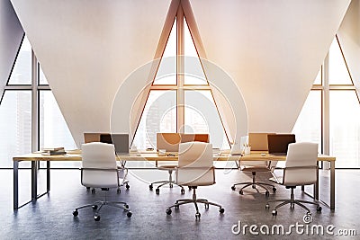 Front view of an open office with triangular windows, toned Stock Photo