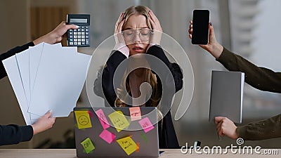 Front view overworked exhausted tired business girl woman worker manager in glasses holding head multitasking stress Stock Photo