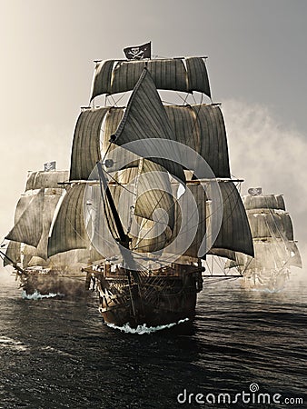 Front view of a pirate ship fleet piercing through the fog. Stock Photo
