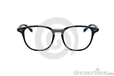 Front view plastic beautiful Fashion black color glasses on white background Stock Photo