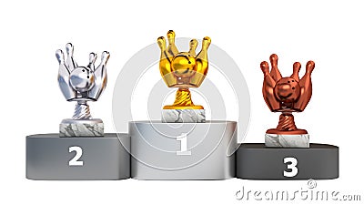 Front View of a Podium with Bowling Trophies Stock Photo