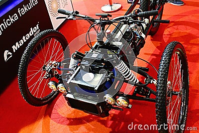 Front view of prototype of hydrogen fuel cells powered tricycle Tria Rota Machina developed on Technical University Of Kosice Editorial Stock Photo