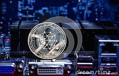 Front view of Qtum cryptocurrency physical coin Stock Photo