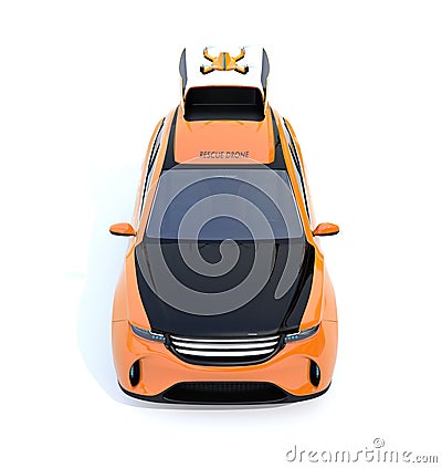 Front view of quadcopter drone take off from electric rescue SUV on white background Stock Photo