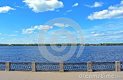 Front view on quay of river Volga in Samara city, Russia on sunny summer day Stock Photo