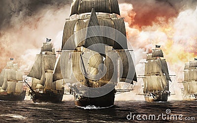 Front view of a raider pirate ship fleet piercing through the smoke and the fog after a successful attack Stock Photo