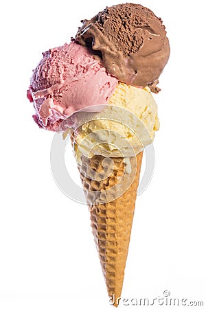 Front view of real edible ice cream cone with 3 different scoops of ice cream vanilla, chocolate, strawberry isolated on white Stock Photo