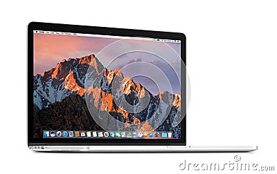 Front view of a rotated at a slight angle Apple MacBook Pro Retina 15 with macOS Sierra on the display Editorial Stock Photo