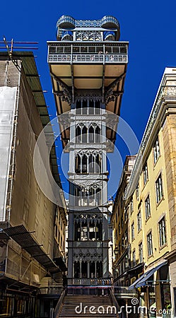 Front view of the Santa Justa Elevator or Elevador do Carmo. Modernist style metal structure elevator in the center of Lisbon. Stock Photo