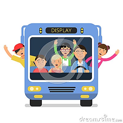 Front view of school bus with set of happy childrens and driver Vector Illustration