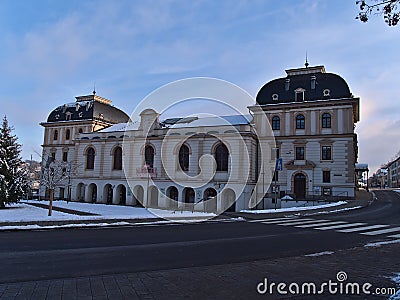 Front view of shopping center Marstall Passage in the city center of Sigmaringen in winter season with snow. Editorial Stock Photo